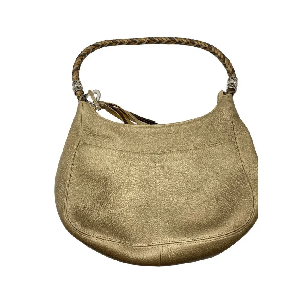 Brighton Barbados pebbled leather hobo purse handbag metallic gold braided handl